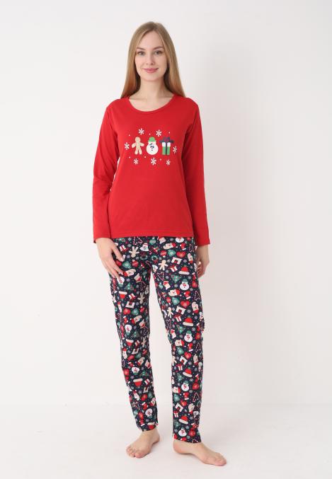 Pijama dama Craciun,maneca lunga si pantaloni lungi,imprimeu figurine festive, En-gros